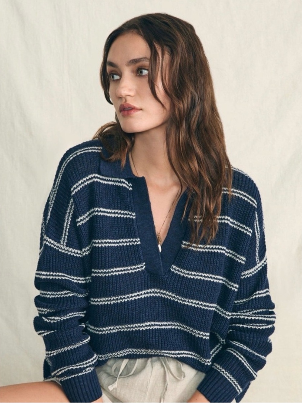 Faherty Miramar Linen Blend Polo Navy Stripe Sweater